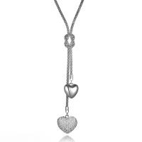 Collier en alliage de zinc Pull, coeur, Placage de couleur argentée, pavé de micro strass & pour femme, protéger l'environnement, sans nickel, plomb et cadmium, 20*20mm,25*27mm, Vendu par Environ 20.5 pouce brin