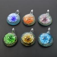 Inner Flower Lampwork Hangers, Rond plat, goud zand & binnenbloem, gemengde kleuren, 34x45x14mm, Gat:Ca 8mm, 12pC's/box, Verkocht door box