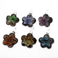 Pendants Lampwork Flower Istigh, gaineamh óir & bláth istigh, dathanna measctha, 36x47x15mm, Poll:Thart 9mm, 12ríomhairí pearsanta/Bosca, Díolta De réir Bosca