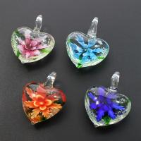 Innen Blume Lampwork Anhänger, Herz, gemischte Farben, 32x42x15mm, Bohrung:ca. 7mm, 12PCs/Box, verkauft von Box