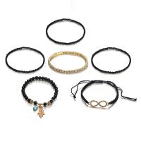 alliage de zinc Set de bracelet, avec Seedbead & corde en nylon, Placage, 6 pièces & motif de mauvais œil & pour femme & avec strass, noire, protéger l'environnement, sans nickel, plomb et cadmium, 55mm,60mm,170x130mm,60x20mm, 6Strandstoron/fixé, Vendu par fixé