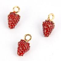 Cink ötvözet Fruit Forma Medálok, Eper, arany színű aranyozott, zománc, piros, nikkel, ólom és kadmium mentes, 15x8mm, Lyuk:Kb 2mm, 10PC-k/Bag, Által értékesített Bag