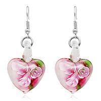 Brass Drop Earring with Lampwork Heart silver color plated & for woman nickel lead & cadmium free Sold By Pair