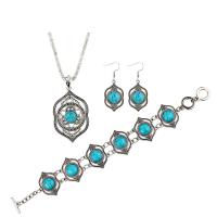 Zinklegering Sieraden Sets, armband & oorbel & halsketting, Zinc Alloy, met Natuurlijke Turquoise, met 5cm extender keten, antiek zilver plated, drie stuks & balketting & voor vrouw, nikkel, lood en cadmium vrij, 33x62mm,18x48mm, Lengte Ca 8.27-20.87 inch, Verkocht door Stel