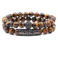 Natürliche Tiger Eye Armband, Tigerauge, mit Zinklegierung, plattiert, unisex & Anti-Müdigkeit & mit Strass, keine, 190mm,10mm, Länge ca. 7.4 ZollInch, 2SträngeStrang/setzen, verkauft von setzen