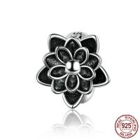 925 Sterling Silber Perlen, 925er Sterling Silber, Lotus, plattiert, Emaille, schwarz, 9x9mm, Bohrung:ca. 4.5mm, verkauft von PC