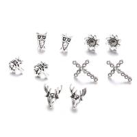 lega in zinco Stud orecchino Set, placcato color argento, 5 pezzi & per la donna, assenza di nichel,piombo&cadmio, 10mm, 20mm, 15mm, 5Pairspaio/set, Venduto da set