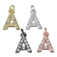 Terningformet Zirkon Micro Pave Messing vedhæng, Letter A, forgyldt, Micro Pave cubic zirconia, flere farver til valg, nikkel, bly & cadmium fri, 9x11.50x2.50mm, Hole:Ca. 2.5mm, Solgt af PC