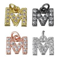 Messing hanger met micro-paved kubieke zirconia's, Letter M, plated, micro pave zirconia, meer kleuren voor de keuze, nikkel, lood en cadmium vrij, 9.50x9x2.50mm, Gat:Ca 2.5mm, Verkocht door PC