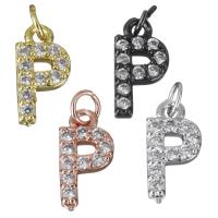 Messing hanger met micro-paved kubieke zirconia's, Letter P, plated, micro pave zirconia, meer kleuren voor de keuze, nikkel, lood en cadmium vrij, 6x12x2mm, Gat:Ca 3mm, Verkocht door PC