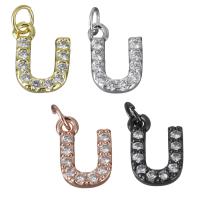 Messing hanger met micro-paved kubieke zirconia's, Letter U, plated, micro pave zirconia, meer kleuren voor de keuze, nikkel, lood en cadmium vrij, 8x10.50x2mm, Gat:Ca 3mm, Verkocht door PC