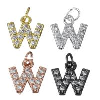 Messing hanger met micro-paved kubieke zirconia's, Letter W, plated, micro pave zirconia, meer kleuren voor de keuze, nikkel, lood en cadmium vrij, 10.50x9.50x2mm, Gat:Ca 3mm, Verkocht door PC