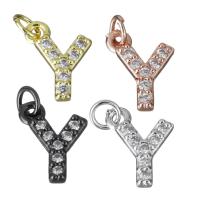 Messing hanger met micro-paved kubieke zirconia's, Letter Y, plated, micro pave zirconia, meer kleuren voor de keuze, nikkel, lood en cadmium vrij, 8.50x11x2mm, Gat:Ca 3mm, Verkocht door PC