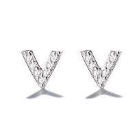 Boucle d'oreille bijoux en argent sterling, Argent sterling 925, Lettre V, Plaqué de platine, pavé de micro zircon & pour femme, 6x7mm, Vendu par paire