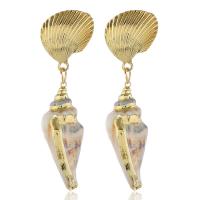 Boucles d'oreilles en alliage de zinc, avec coquille de trompette, acier inoxydable puce boucle d'oreille, Placage de couleur d'or, pour femme, protéger l'environnement, sans nickel, plomb et cadmium, 60*18mm, Vendu par paire