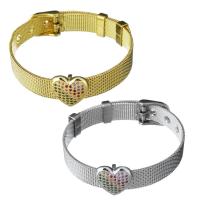 Roestvrij staal armbanden, met Messing, Hart, plated, uniseks & mesh-keten & micro pave zirconia, meer kleuren voor de keuze, 15x15mm,10mm, Lengte Ca 8.5 inch, 5strengen/Lot, Verkocht door Lot