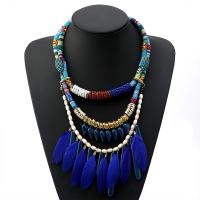 alliage de zinc collier, avec Seedbead & plume & corde de coton & Acrylique, Placage, multicouche & pour femme, bleu, protéger l'environnement, sans nickel, plomb et cadmium, Vendu par 19.4 pouce brin