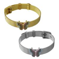 Roestvrij staal armbanden, met Messing, Vlinder, plated, mesh-keten & micro pave zirconia & voor vrouw, meer kleuren voor de keuze, 18x15mm,10mm, Lengte Ca 8.5 inch, 5strengen/Lot, Verkocht door Lot