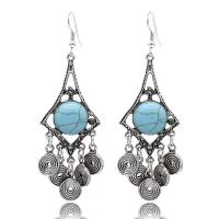 Boucles d'oreilles en alliage de zinc, avec turquoise, Plaqué de couleur d'argent, pour femme, protéger l'environnement, sans nickel, plomb et cadmium, 80*25mm, 2pairescouple/lot, Vendu par lot