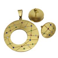 Parures de bijoux en acier inoxydable, Boucle d’oreille stud & pendentif, Placage de couleur d'or, pour femme & avec strass, 35x38mm,16mm, Trou:Environ 5x8mm, Vendu par fixé