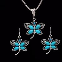 Zinklegering Sieraden Sets, oorbel & halsketting, Zinc Alloy, met Natuurlijke Turquoise, met 5cm extender keten, antiek zilver plated, golfketting & voor vrouw & met strass, nikkel, lood en cadmium vrij, 30x33mm, Lengte Ca 17.72 inch, Verkocht door Stel