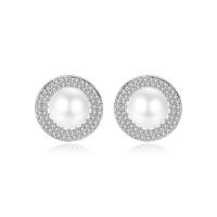 Messing Stud Earring, med Cubic Zirconia & Plastic Pearl, platineret, Micro Pave cubic zirconia & for kvinde, nikkel, bly & cadmium fri, 14*14mm, Solgt af par