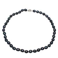 Collar de Perlas Natural de Freshwater, Perlas cultivadas de agua dulce, latón cierre de caja, Patata, chapado en color de plata, para mujer, Negro, 8-9mm, Vendido para aproximado 18.1 Inch Sarta