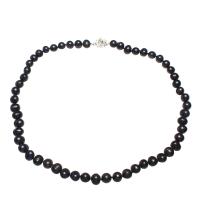 Freshwater Pearl Brass Chain Necklace, Pérolas de água doce, Bronze fecho de caixa, Batata, cromado de cor prateada, para mulher, preto, 8-9mm, vendido para Aprox 16.9 inchaltura Strand