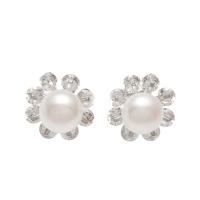 Boucles d'oreilles en perles d'eau douce, perle d'eau douce cultivée, laiton puce boucle d'oreille, fleur, Placage de couleur argentée, Avec boîte d'emballage & pour femme & avec strass, blanc, 14x10mm,54x36mm, Vendu par paire