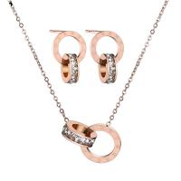 Acier titane parure de bijoux, Boucle d’oreille stud & collier, acier inoxydable fermoir homard, acier inoxydable puce boucle d'oreille, Plaqué de couleur d'or rose, 2 pièces & pavé de micro zircon & pour femme, 12x22mm, Longueur Environ 21.7 pouce, Vendu par fixé