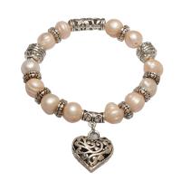 Sötvatten odlade Pearl Bracelet, Freshwater Pearl, med Mässing, Hjärta, antik silver pläterad, för kvinna & ihålig, rosa, 9x10mm,9x22x9mm, Såld Per Ca 7.5 inch Strand