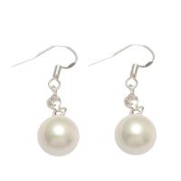 Shell Pearl brincos tipo gota, Bronze / latão Gancho / Anzol, Roda, cromado de cor prateada, joias de moda & para mulher, branco, 10mm, vendido por par