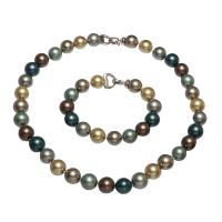 Conjuntos de joias da Shell do Mar do Sul, Bracelete / Pulseira & colar, Shell Pearl, Bronze Dobra sobre fecho, Roda, cromado de cor prateada, 2 peças & para mulher, cores misturadas, 12x12mm, comprimento Aprox 16.5 inchaltura, Aprox 7.5 inchaltura, vendido por Defina