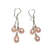 perle d'eau douce cultivée Boucle d'oreille goutte, laiton boucle d'oreille crochet, pomme de terre, Placage de couleur argentée, pour femme, rose, 6x8mm,34mm, Vendu par paire