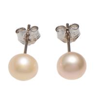 Freshwater Pearl Stud Earring, mässing örhänge inlägg, Potatis, silver pläterad, för kvinna, rosa, 5x6mm, Säljs av Par