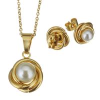 Nerezová ocel šperky Soupravy, Stud náušnice & náhrdelník, Nerez, s Plastové Pearl, s 2Inch extender řetězce, barva pozlacený, oválný řetězu & pro ženy, 16x20mm,1.5mm,11.5x11mm, Délka Cca 17 inch, Prodáno By nastavit