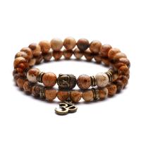 Gemstone Armbånd, Picture Jasper, med Sort Agate, forgyldt, Unisex, flere farver til valg, 6-8mm, Solgt Per 7.4 inch Strand