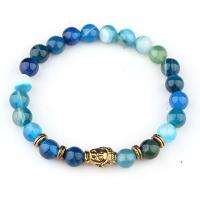 agate bleue bracelet, avec alliage de zinc, Placage de couleur d'or, poli & pour femme, bleu, 8mm, Longueur Environ 7 pouce, 10Strandstoron/lot, Vendu par lot