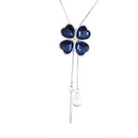 Zink alloy sweater halskettingen, Zinc Alloy, met ABS kunststof parel & Kristal, Four Leaf Clover, silver plated, slang keten & voor vrouw, blauw, nikkel, lood en cadmium vrij, Per verkocht Ca 27.56 inch Strand