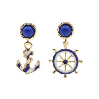 Zinc Alloy asymmetrische oorbellen, Anker en schip wiel, gold plated, voor vrouw & glazuur, blauw, nikkel, lood en cadmium vrij, 20x40mm,26x45mm, Verkocht door pair