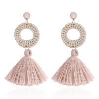 Zinc Alloy Tassel Earring, met Katoen draad & Riet, echt goud verguld, voor vrouw, meer kleuren voor de keuze, nikkel, lood en cadmium vrij, 70*60mm, Verkocht door pair