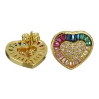 Brass Stud Earring Heart real gold plated micro pave cubic zirconia & for woman nickel lead & cadmium free Sold By Pair