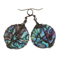 Boucles d'oreilles coquillage, laiton, avec coquille d'ormeau, Plat rond, Plaqué de couleur de cuivre antique, pour femme, protéger l'environnement, sans nickel, plomb et cadmium, 49mm,26x35mm, Vendu par paire