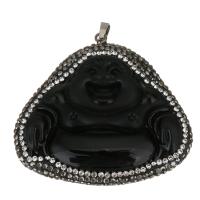 Ton Anhänger, mit Glas & Messing, Buddha, schwarz, 56x52x15mm, Bohrung:ca. 5x6mm, verkauft von PC