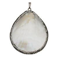 rhinestone ler bane Pendel, med White Shell & Messing, Teardrop, sølvfarvet forgyldt, 45x59x8mm, Hole:Ca. 5x7mm, Solgt af PC