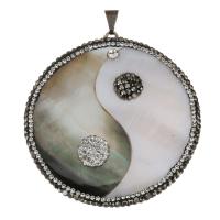 argile Pendentif, avec coquille noire & coquille blanche & laiton, Plat rond, Placage de couleur argentée, Tai Ji & avec strass, 54x56x8mm, Trou:Environ 4x7mm, Vendu par PC