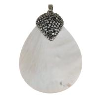 Natural White Shell Pendler, med rhinestone ler bane & Messing, Teardrop, sølvfarvet forgyldt, 40x56x13mm, Hole:Ca. 5x6mm, Solgt af PC