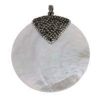 Natural White Shell Pendler, med rhinestone ler bane & Messing, Flad Rund, sølvfarvet forgyldt, 50x54x9.50mm, Hole:Ca. 5x7mm, Solgt af PC