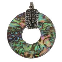 Naturlig Abalone Shell Pendler, med rhinestone ler bane & Messing, Donut, sølvfarvet forgyldt, 40x45x9.60mm, Hole:Ca. 5x7mm, Solgt af PC