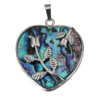 Messing hart hangers, met Abalone Schelp, silver plated, nikkel, lood en cadmium vrij, 33x38x8mm, Gat:Ca 4x6mm, Verkocht door PC